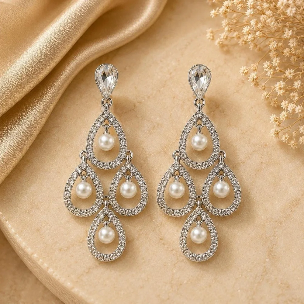 Vintage Monet Crystal Faux Pearl Chandelier Earrings Sample One of a Kind 3